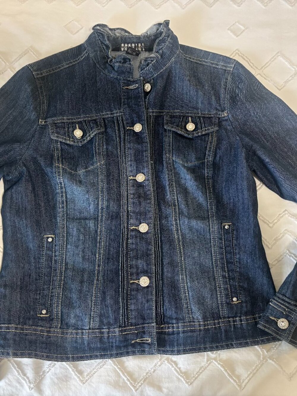 Baccini Dark Wash Ruffled Denim Jacket w/ Rhinestone Buttons - Medium (Y2K / Co